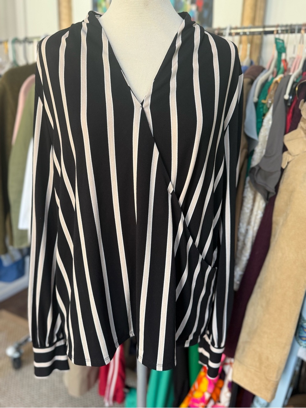 Adrianna Papell Black and White Vertical Stripe Wrap Blouse